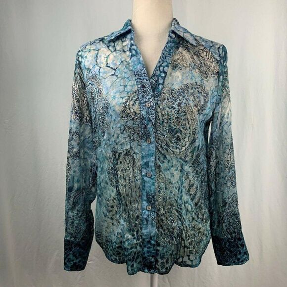 Chicos Flocked Button Up Shirt 0 Blue Black Paisley Sheer Collared V Neck Fitted - Picture 2 of 3